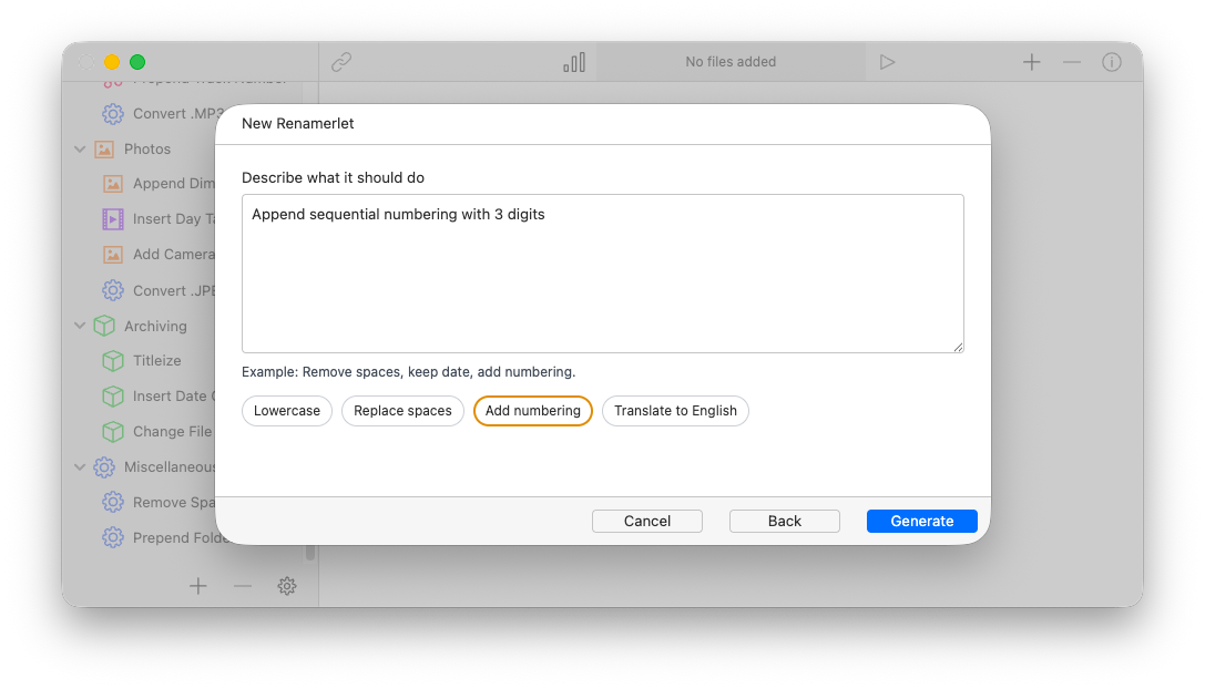 Renamer's AI Assist dialog showing a description field with one-click prompt buttons and a Generate button